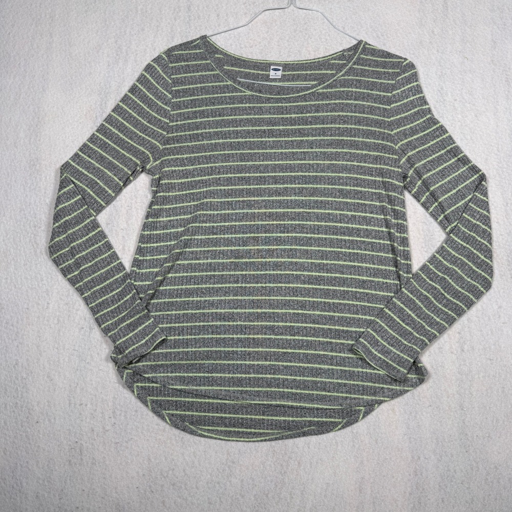 Old Navy Womens Medium Grey Lime Green Striped Ribbed Long Sleeve Scoop Neck Top